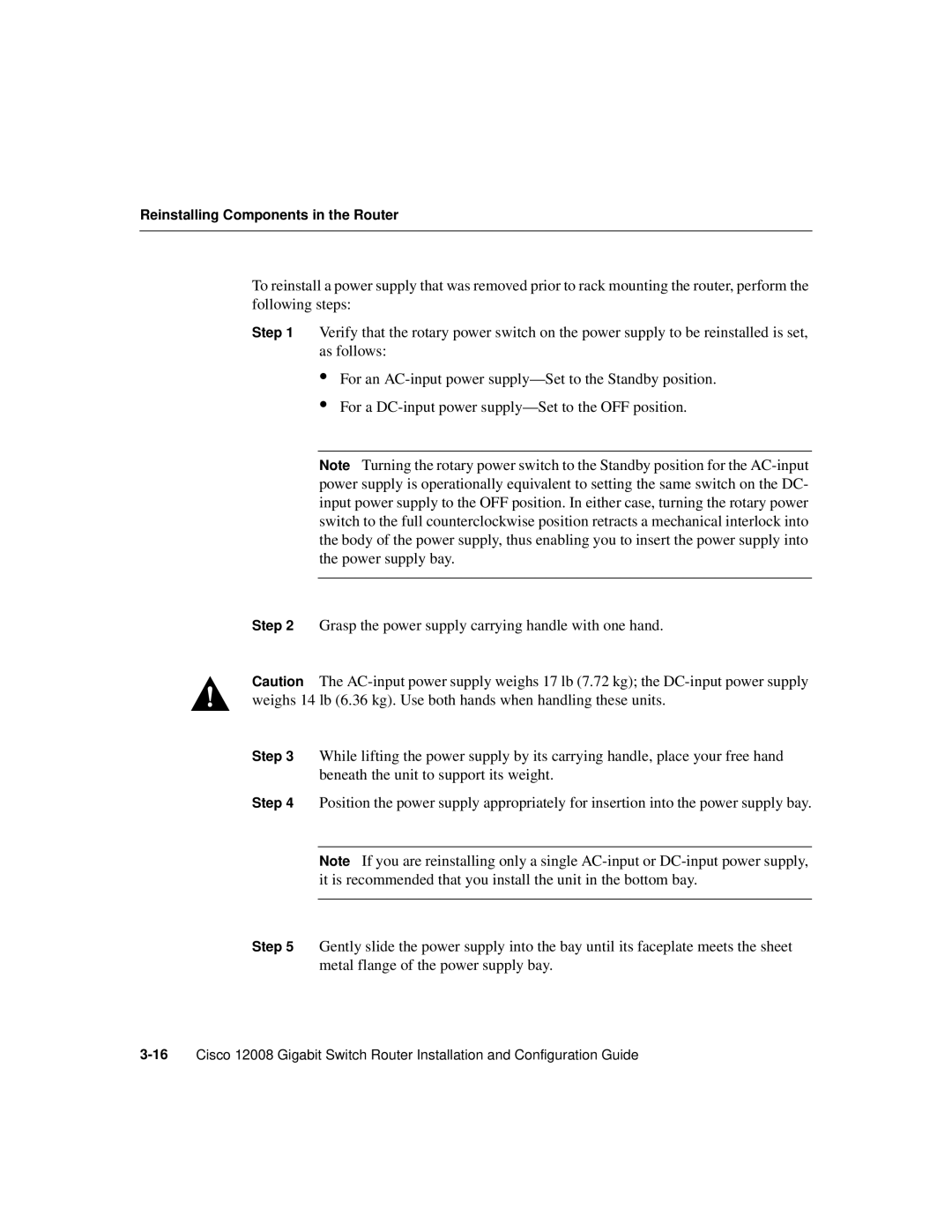 Cisco Systems Cisco 12008 manual Reinstalling Components in the Router 