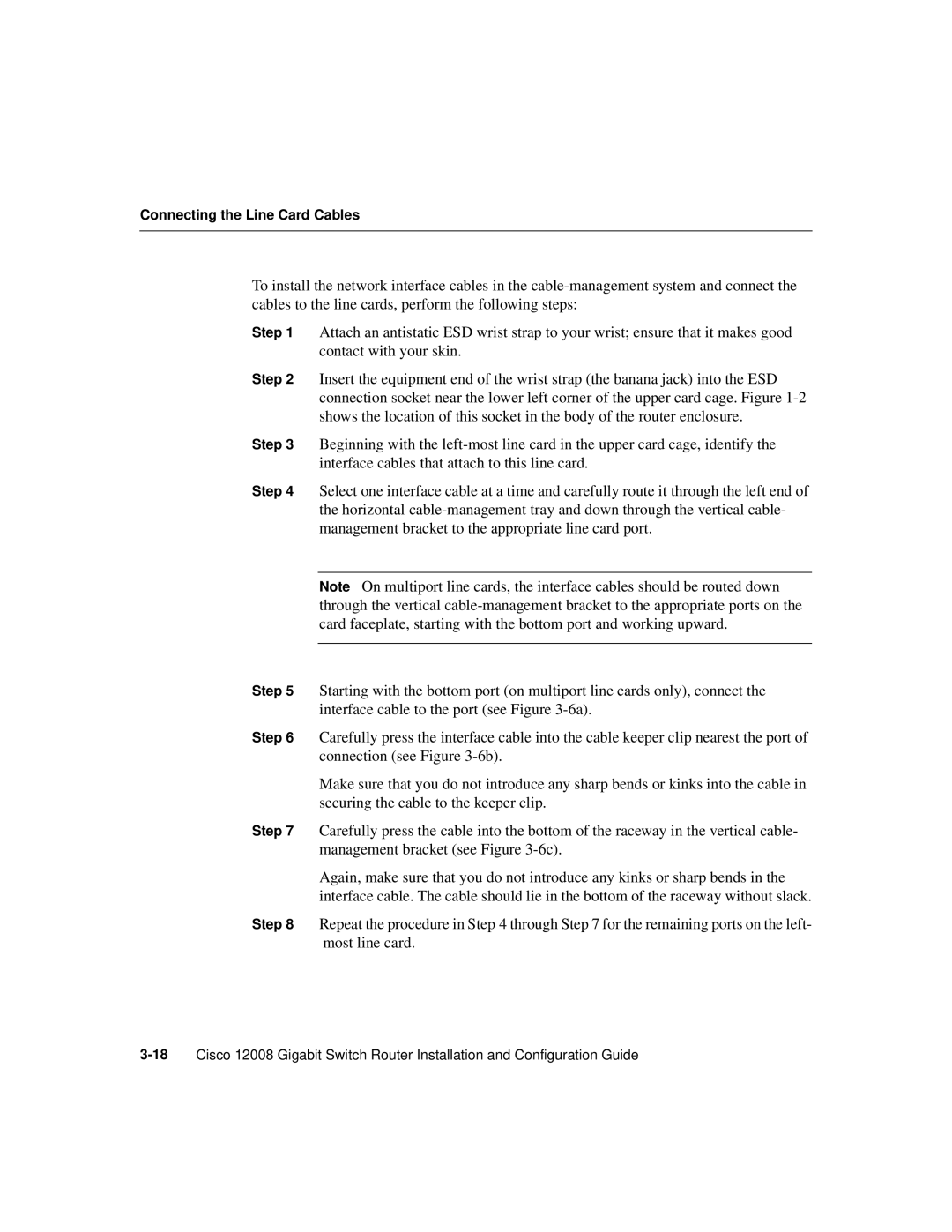 Cisco Systems Cisco 12008 manual Connecting the Line Card Cables 