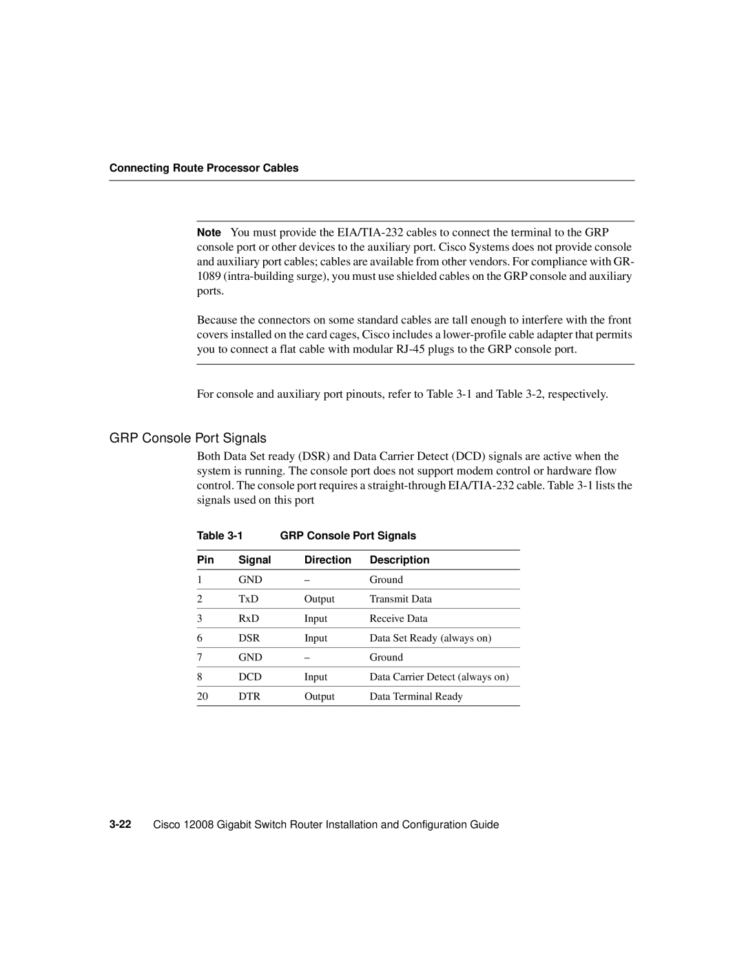 Cisco Systems Cisco 12008 manual GRP Console Port Signals, Pin Signal Direction Description 