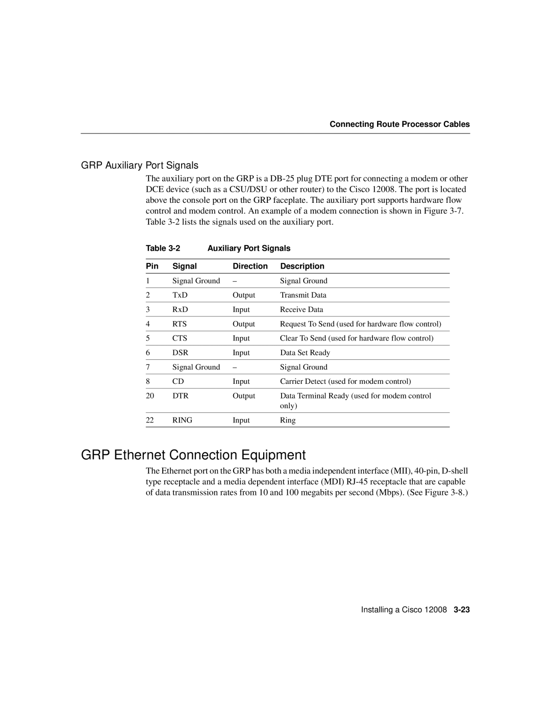 Cisco Systems Cisco 12008 manual GRP Ethernet Connection Equipment, GRP Auxiliary Port Signals 