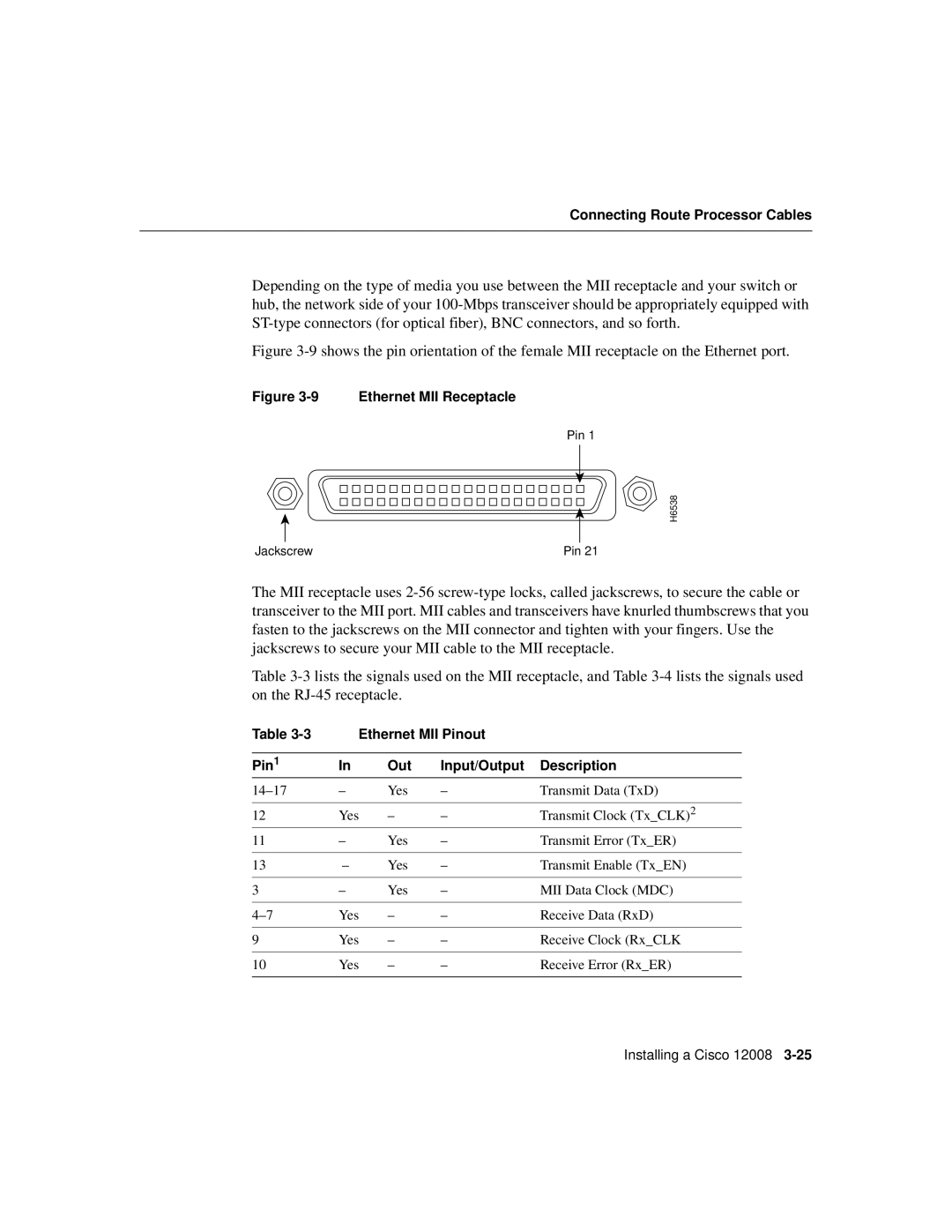 Cisco Systems Cisco 12008 manual Ethernet MII Receptacle, Ethernet MII Pinout Out Input/Output Description 