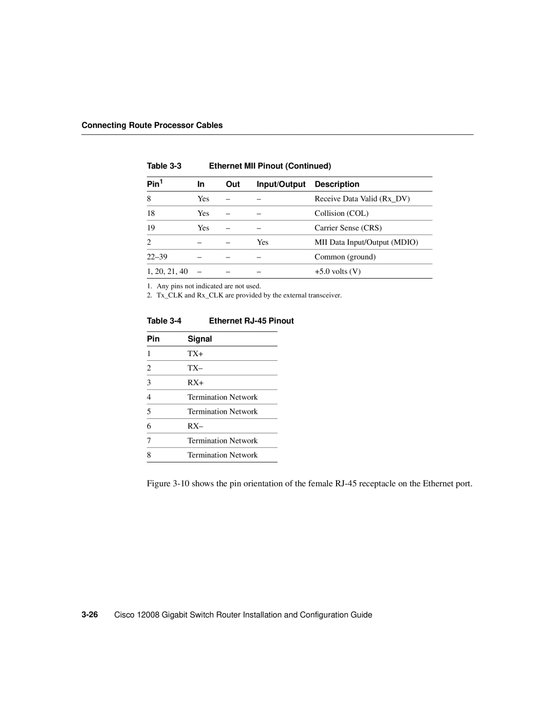 Cisco Systems Cisco 12008 manual Ethernet RJ-45 Pinout, Pin Signal 