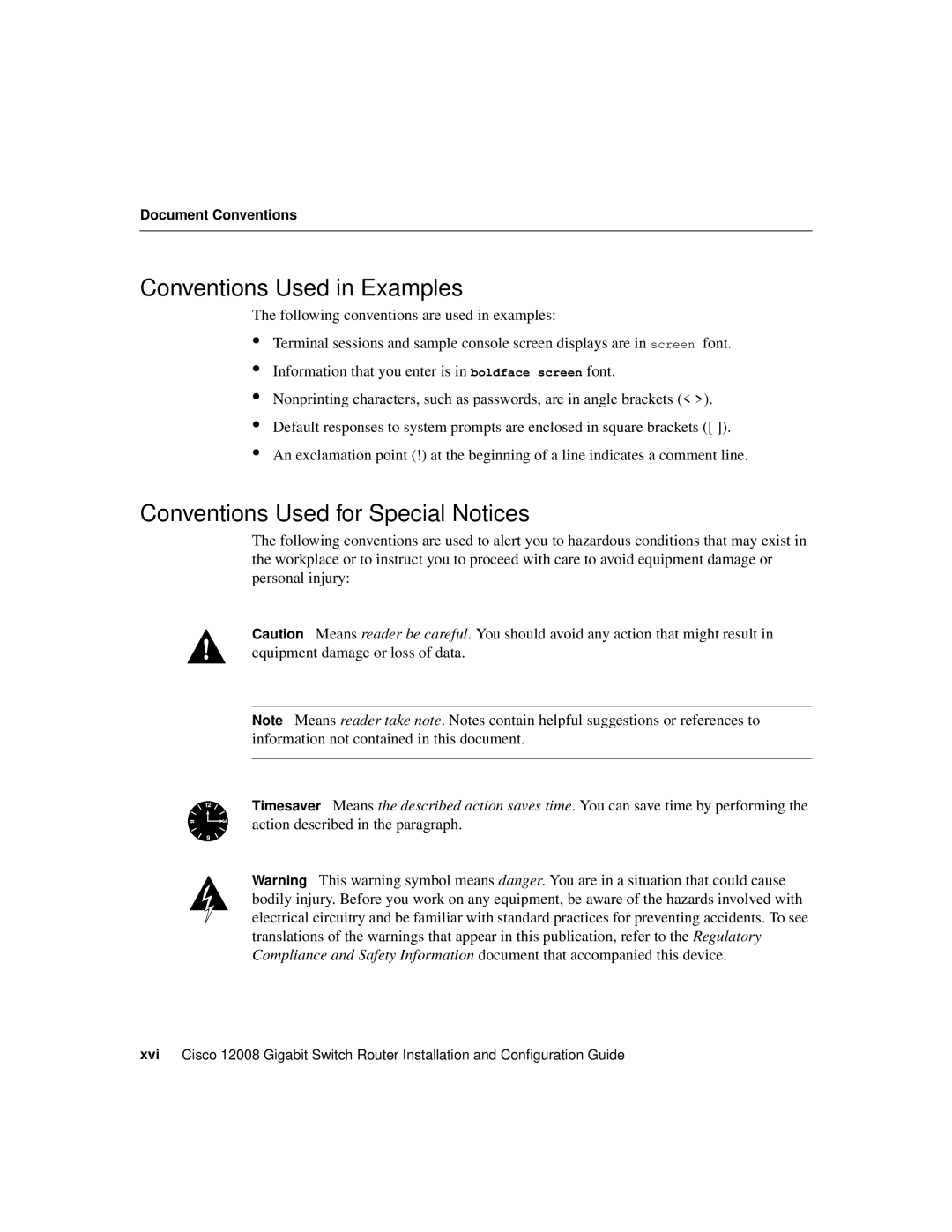 Cisco Systems Cisco 12008 manual Conventions Used in Examples, Conventions Used for Special Notices 