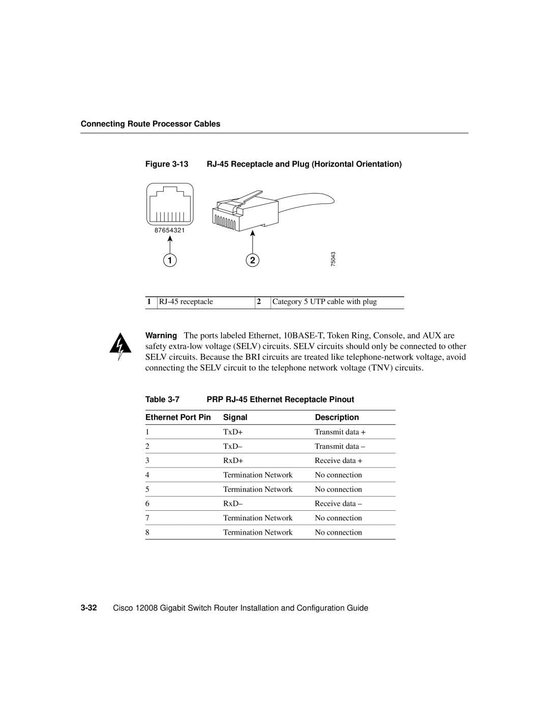 Cisco Systems Cisco 12008 manual PRP RJ-45 Ethernet Receptacle Pinout, Ethernet Port Pin Signal Description 