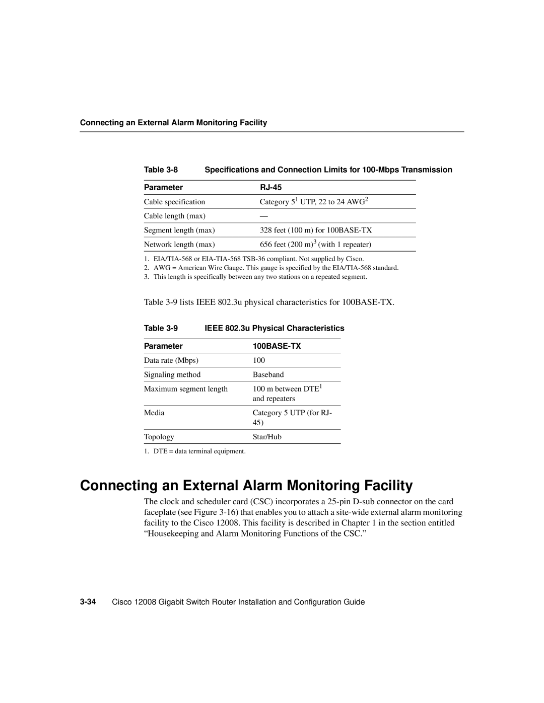 Cisco Systems Cisco 12008 manual Connecting an External Alarm Monitoring Facility, Ieee 802.3u Physical Characteristics 