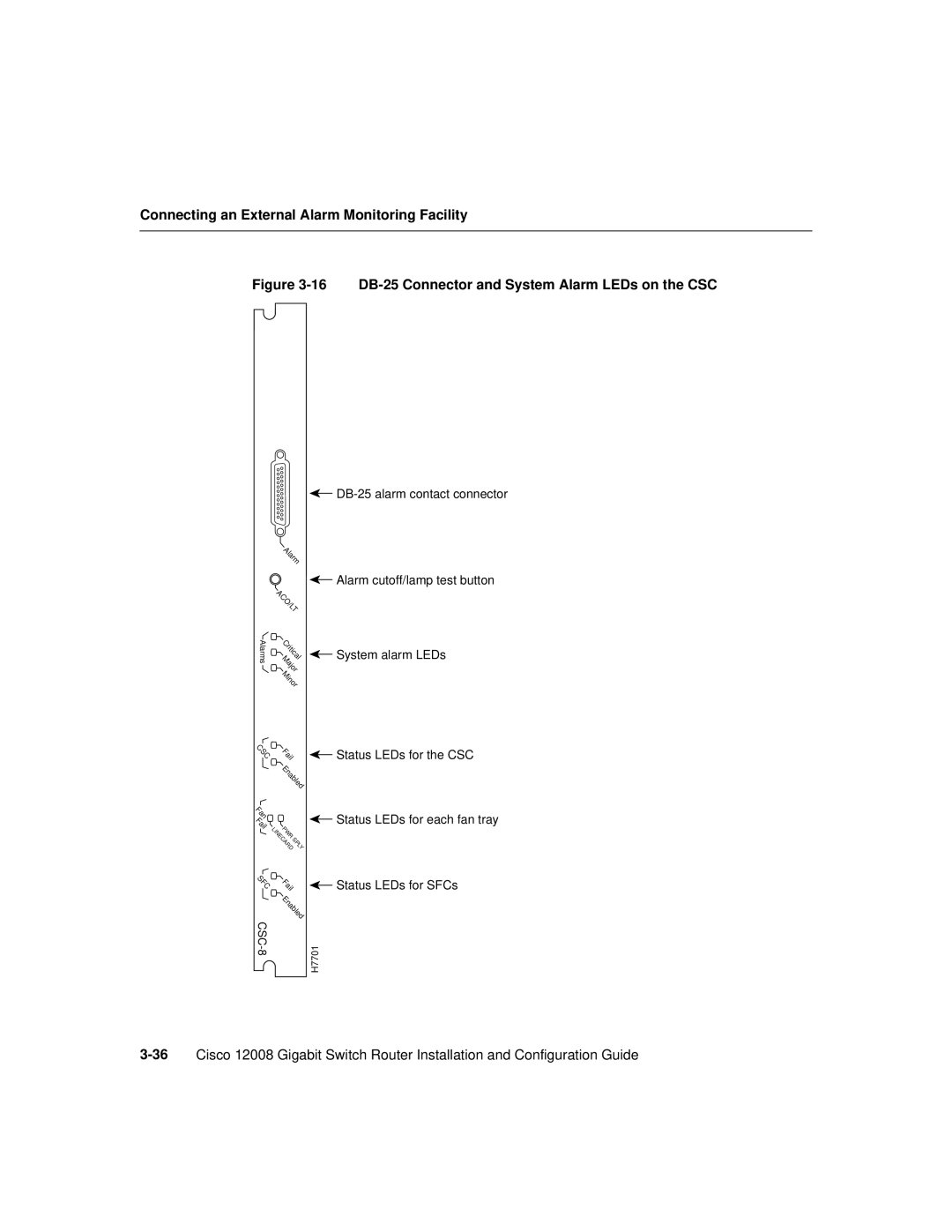 Cisco Systems Cisco 12008 manual 16 DB-25 Connector and System Alarm LEDs on the CSC 