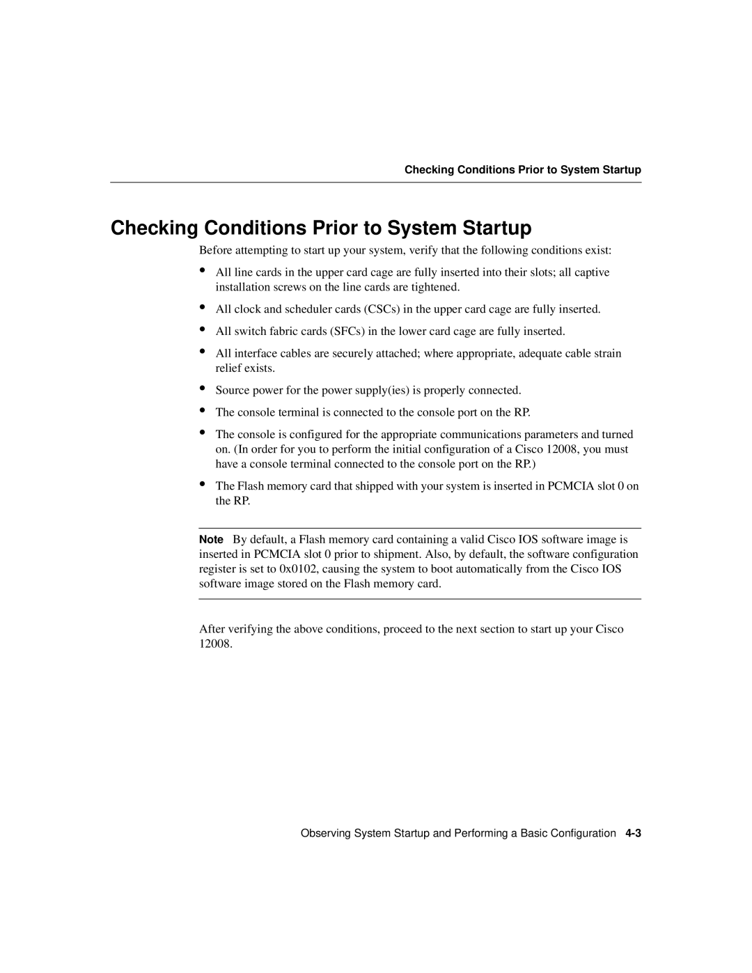 Cisco Systems Cisco 12008 manual Checking Conditions Prior to System Startup 