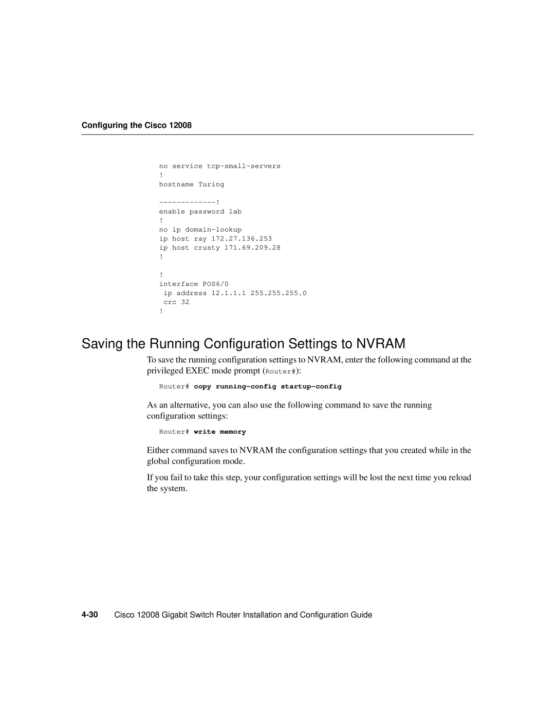 Cisco Systems Cisco 12008 manual Saving the Running Configuration Settings to Nvram 