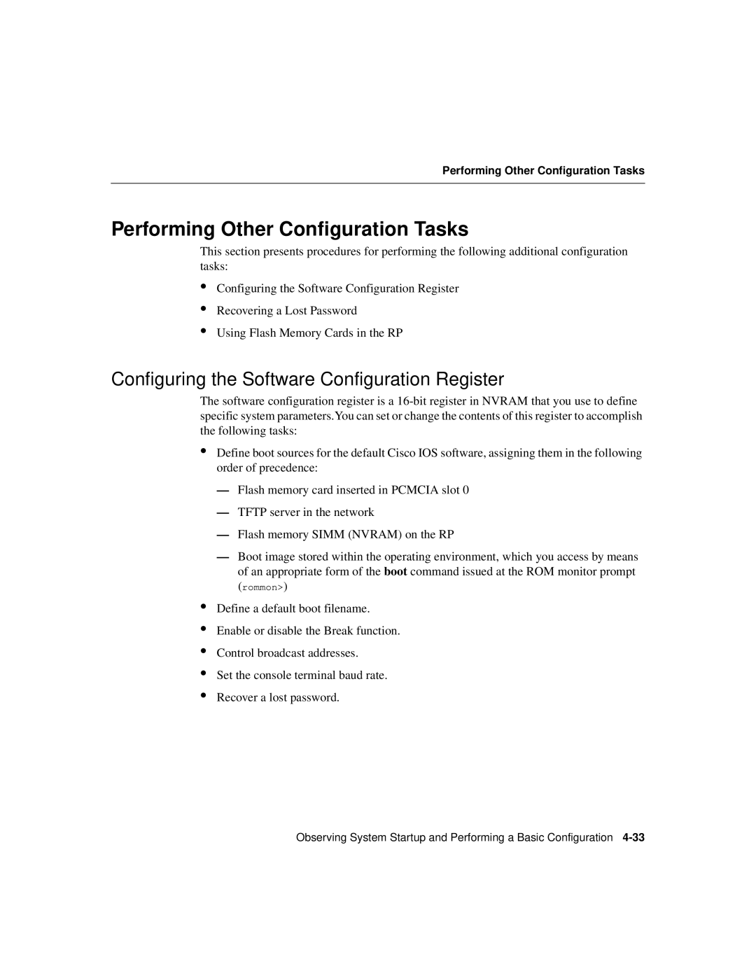 Cisco Systems Cisco 12008 manual Performing Other Configuration Tasks, Configuring the Software Configuration Register 