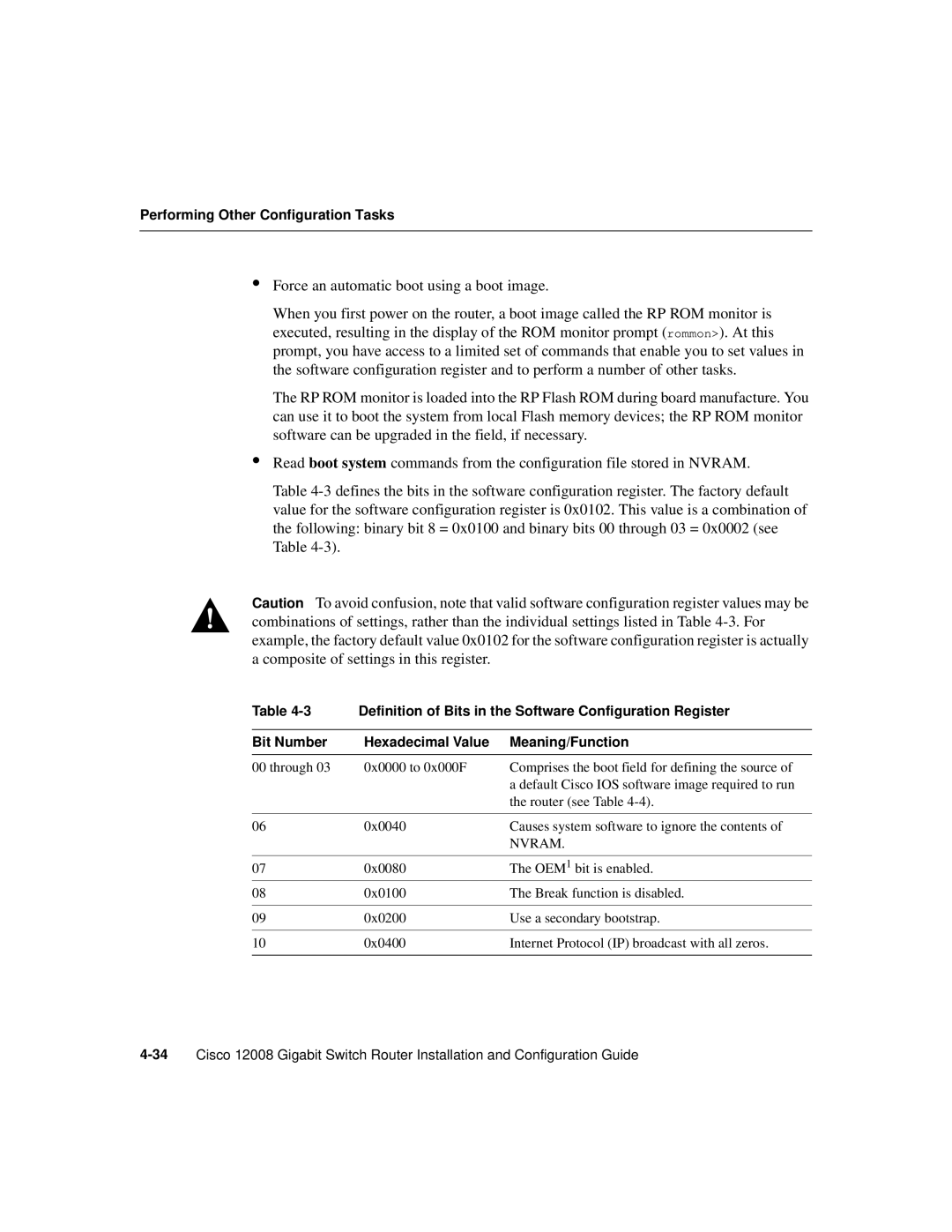 Cisco Systems Cisco 12008 manual Definition of Bits in the Software Configuration Register 