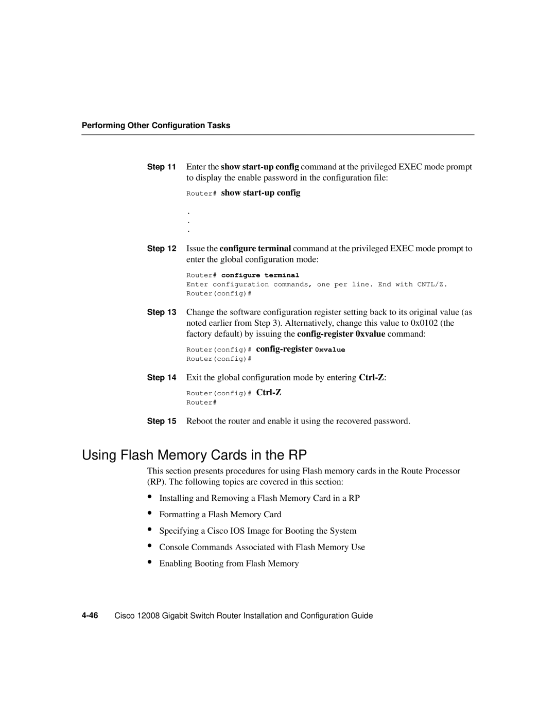 Cisco Systems Cisco 12008 manual Using Flash Memory Cards in the RP, Router# show start-up config 