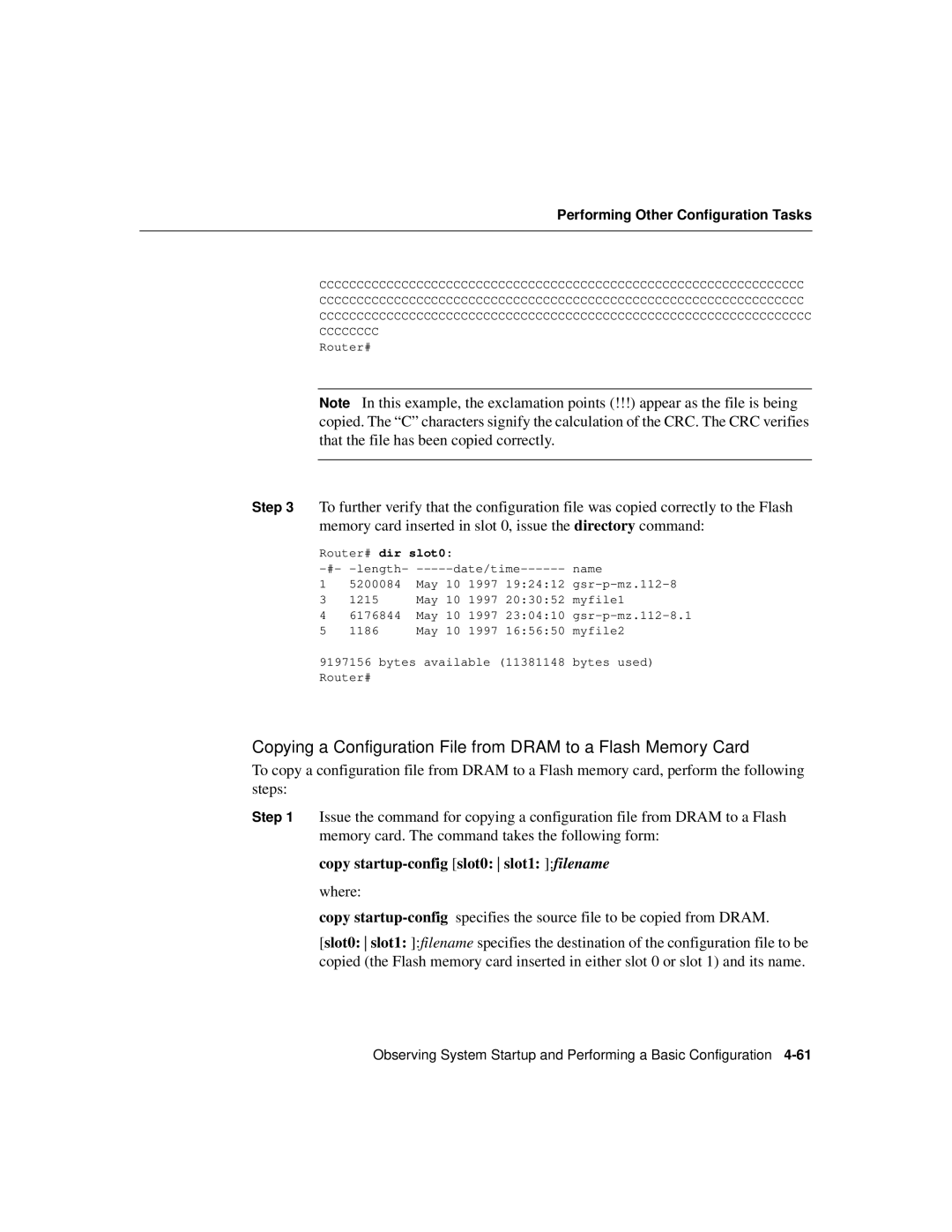 Cisco Systems Cisco 12008 manual Copy startup-config slot0 slot1 filename 