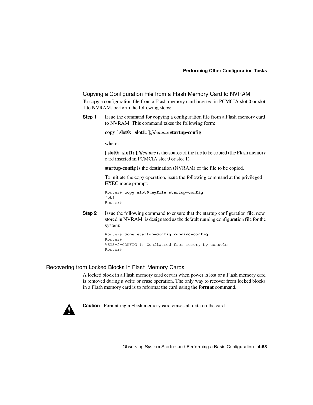 Cisco Systems Cisco 12008 Recovering from Locked Blocks in Flash Memory Cards, Copy slot0 slot1 filename startup-config 