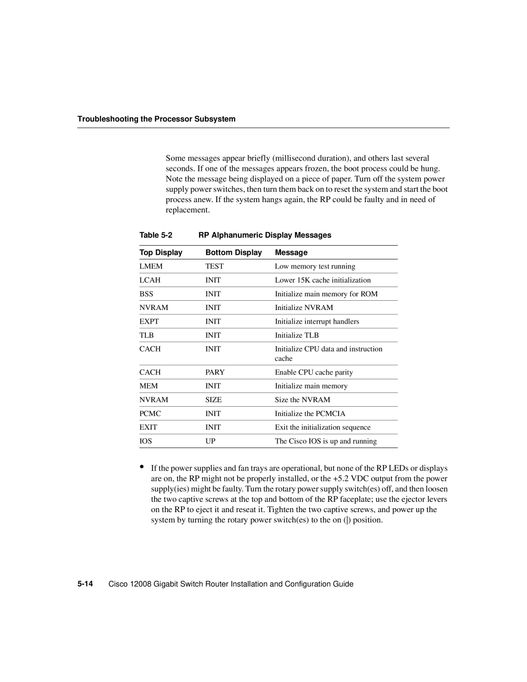 Cisco Systems Cisco 12008 manual RP Alphanumeric Display Messages, Top Display Bottom Display Message 