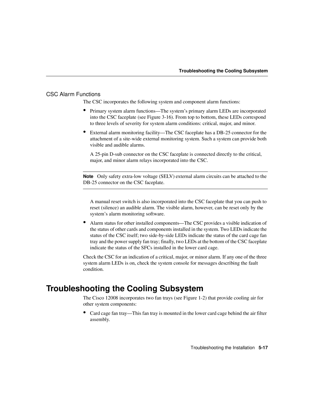 Cisco Systems Cisco 12008 manual Troubleshooting the Cooling Subsystem, CSC Alarm Functions 