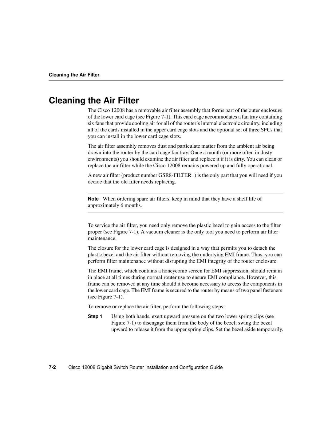 Cisco Systems Cisco 12008 manual Cleaning the Air Filter 