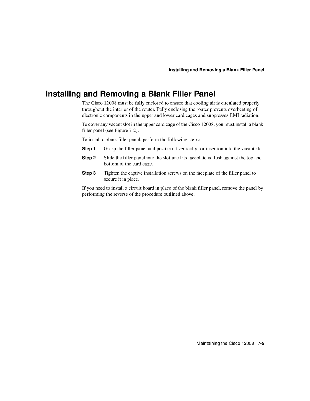 Cisco Systems Cisco 12008 manual Installing and Removing a Blank Filler Panel 