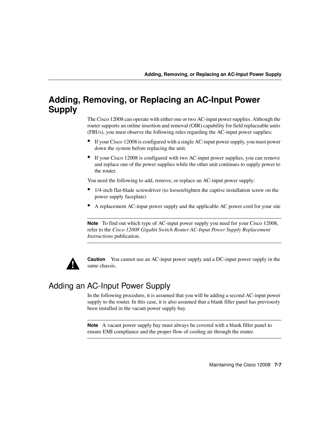 Cisco Systems Cisco 12008 manual Adding, Removing, or Replacing an AC-Input Power Supply, Adding an AC-Input Power Supply 