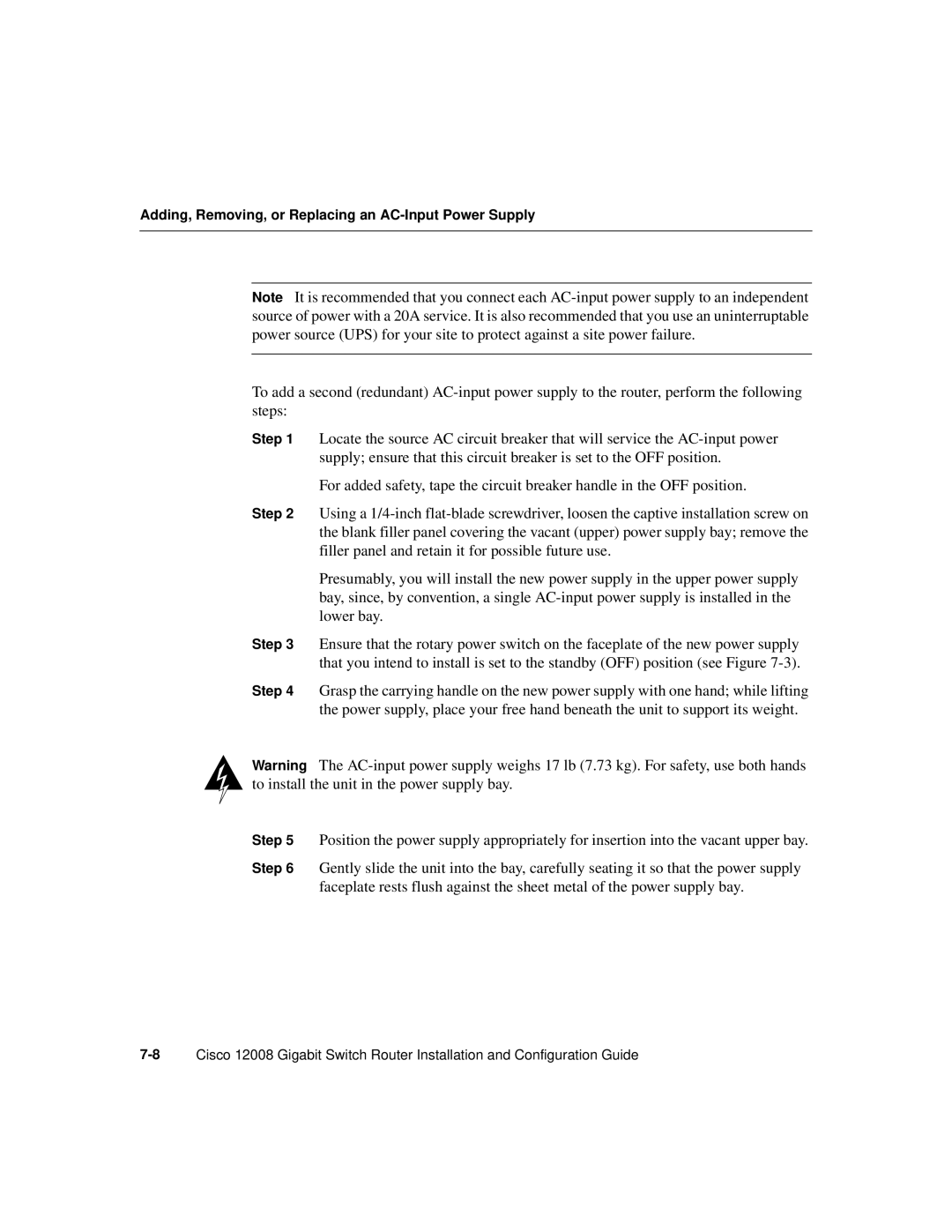 Cisco Systems Cisco 12008 manual Adding, Removing, or Replacing an AC-Input Power Supply 