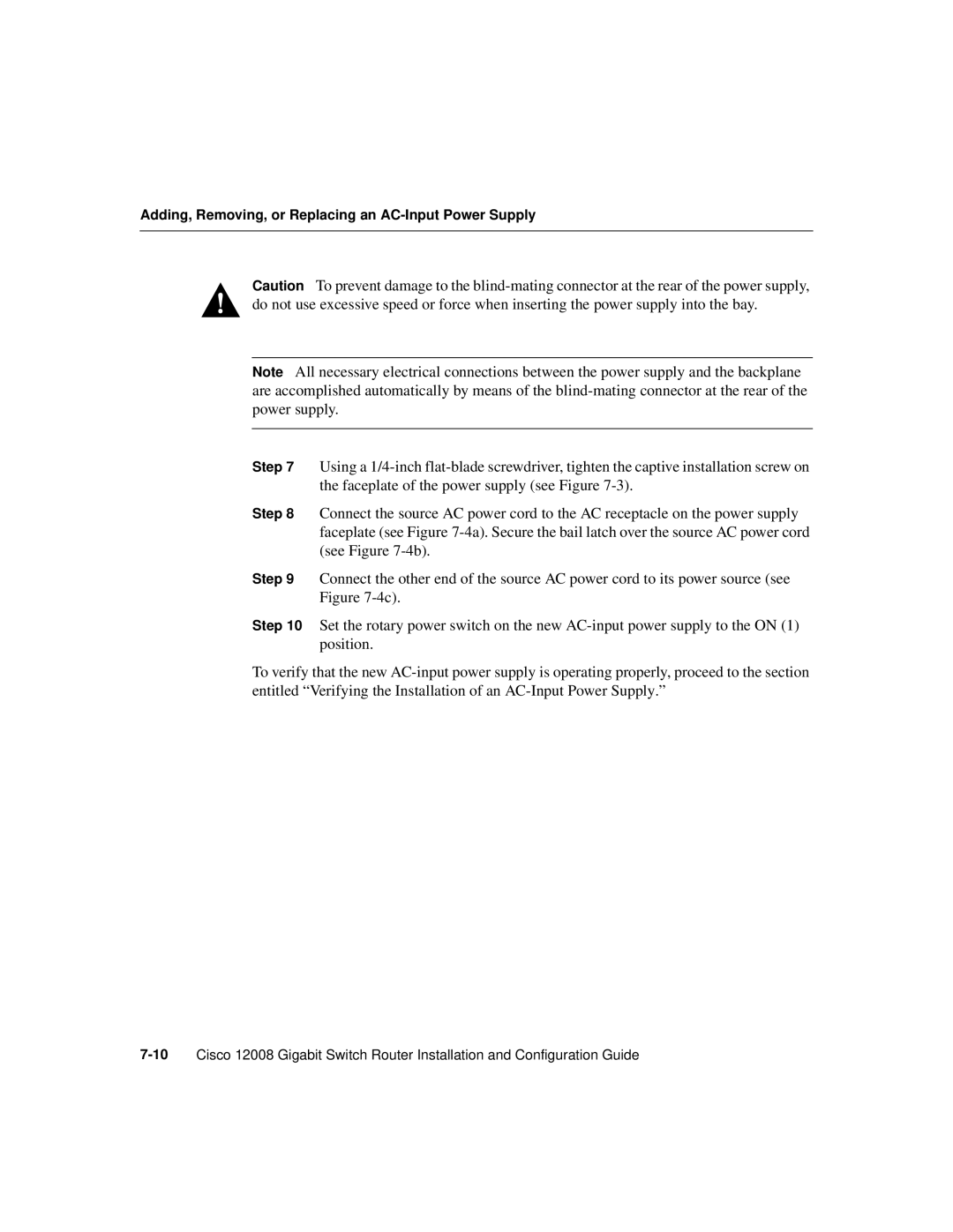 Cisco Systems Cisco 12008 manual Adding, Removing, or Replacing an AC-Input Power Supply 