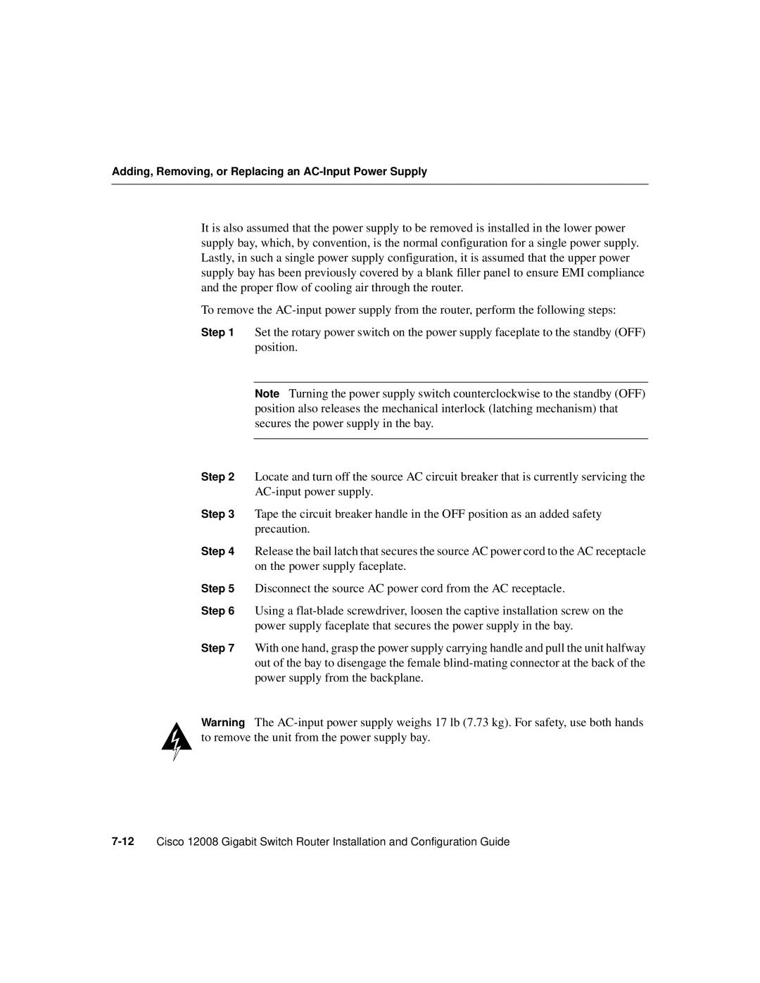 Cisco Systems Cisco 12008 manual Adding, Removing, or Replacing an AC-Input Power Supply 