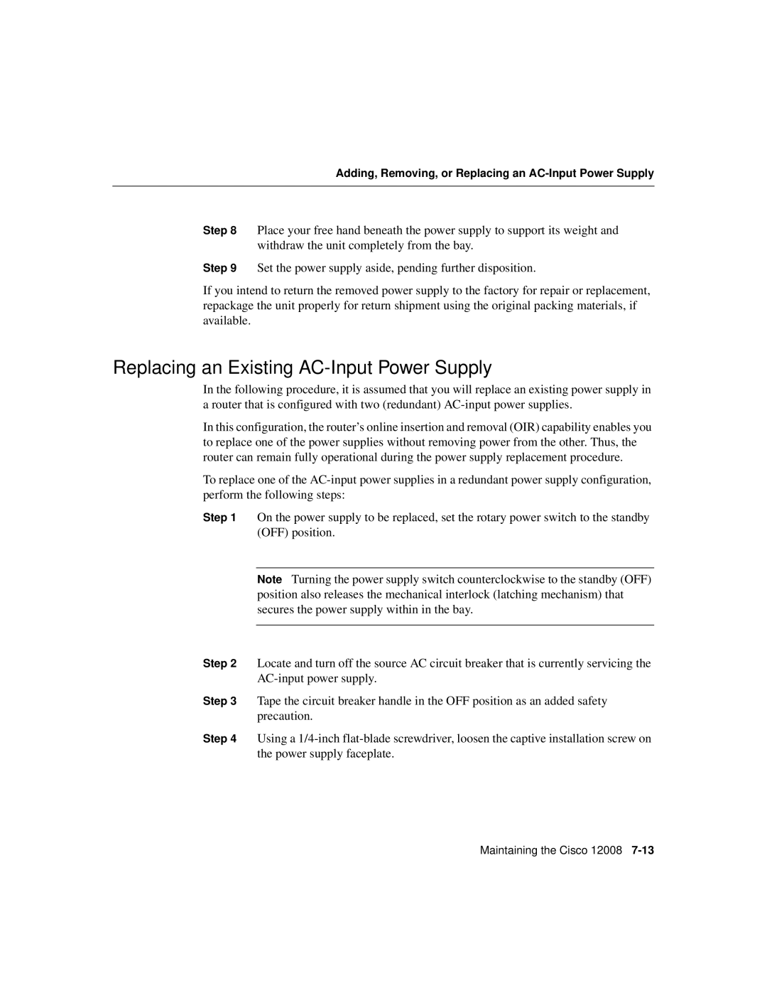 Cisco Systems Cisco 12008 manual Replacing an Existing AC-Input Power Supply 