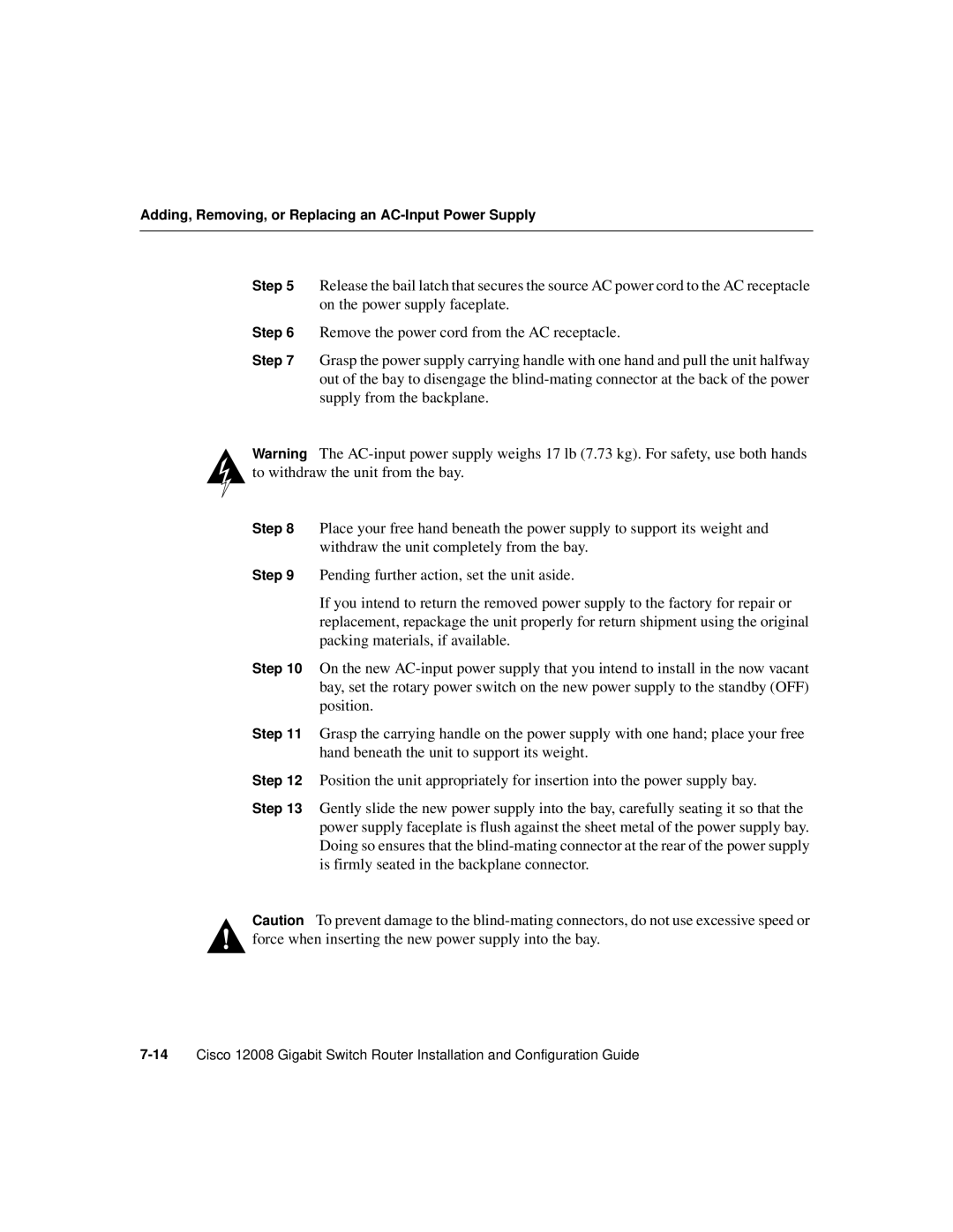 Cisco Systems Cisco 12008 manual Adding, Removing, or Replacing an AC-Input Power Supply 