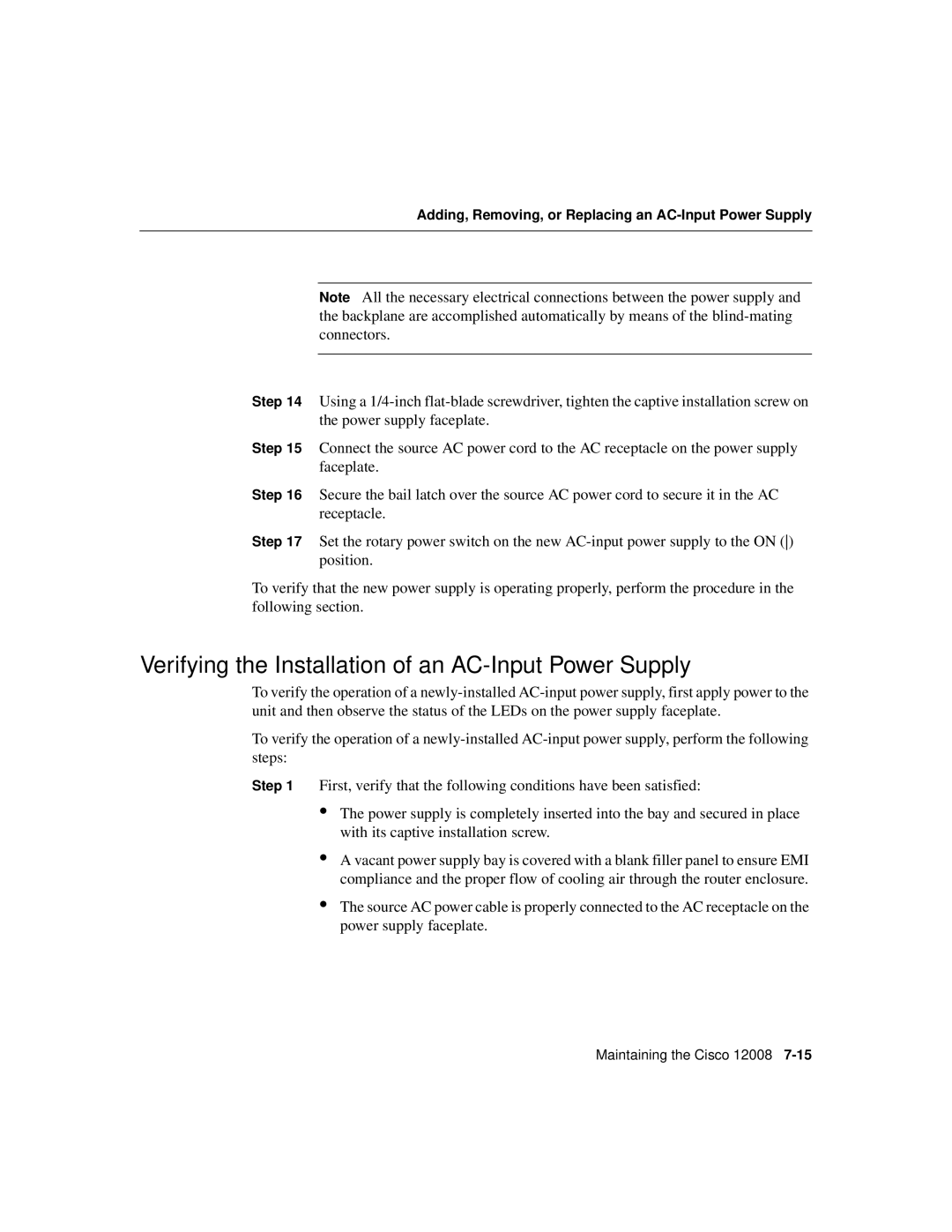 Cisco Systems Cisco 12008 manual Verifying the Installation of an AC-Input Power Supply 