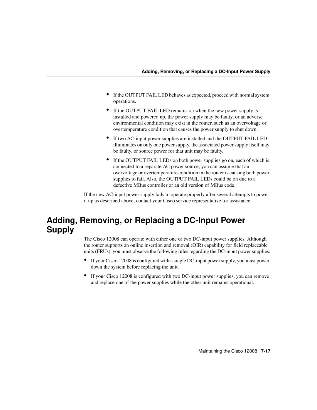 Cisco Systems Cisco 12008 manual Adding, Removing, or Replacing a DC-Input Power Supply 