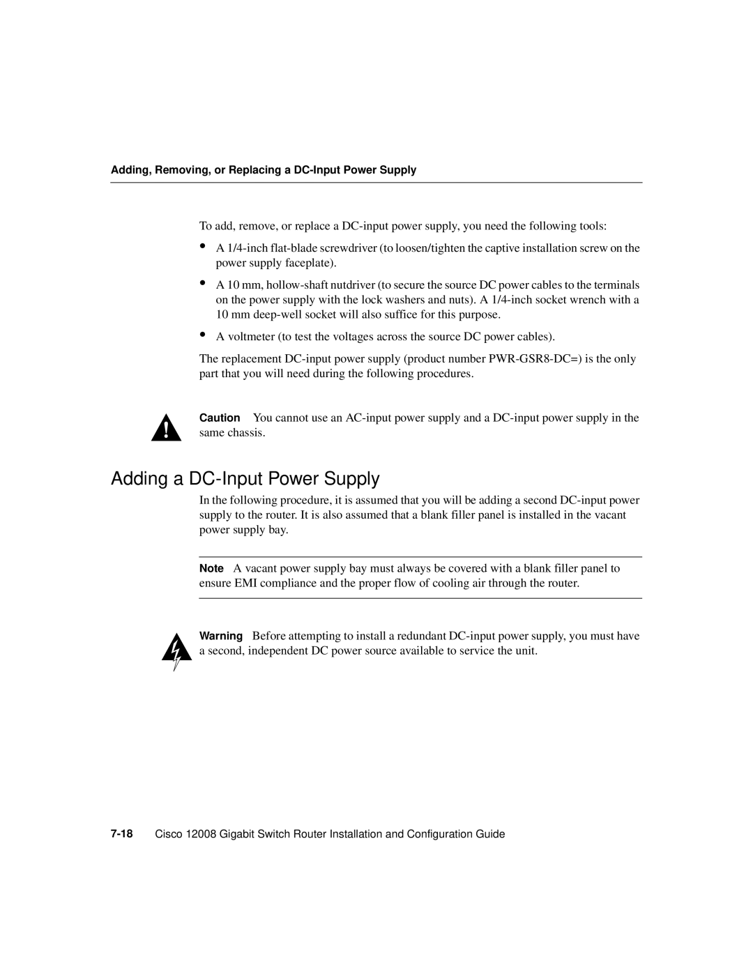 Cisco Systems Cisco 12008 manual Adding a DC-Input Power Supply, Adding, Removing, or Replacing a DC-Input Power Supply 