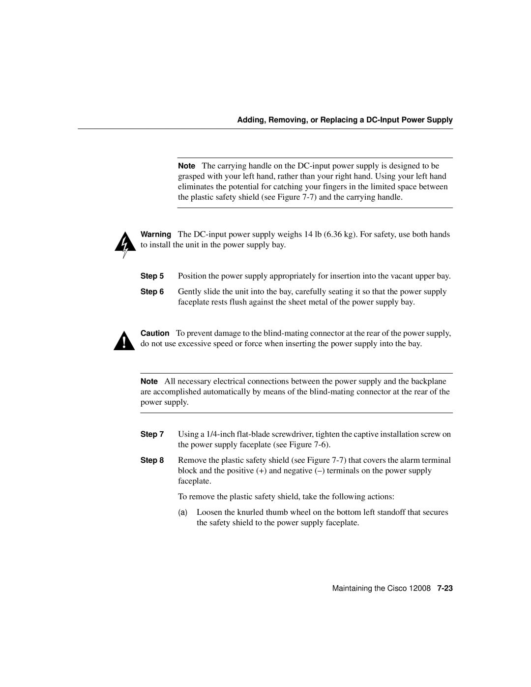 Cisco Systems Cisco 12008 manual Adding, Removing, or Replacing a DC-Input Power Supply 