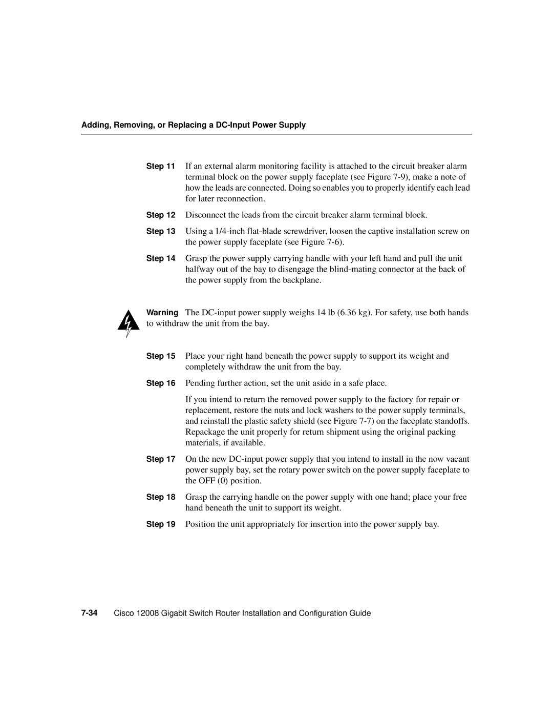 Cisco Systems Cisco 12008 manual Adding, Removing, or Replacing a DC-Input Power Supply 