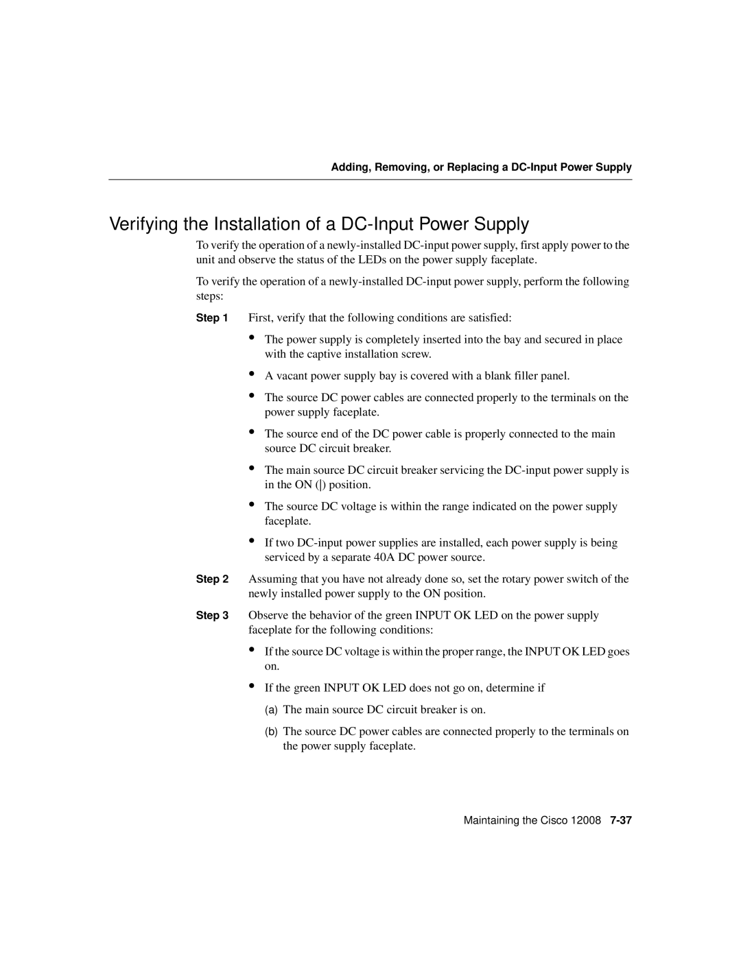 Cisco Systems Cisco 12008 manual Verifying the Installation of a DC-Input Power Supply 