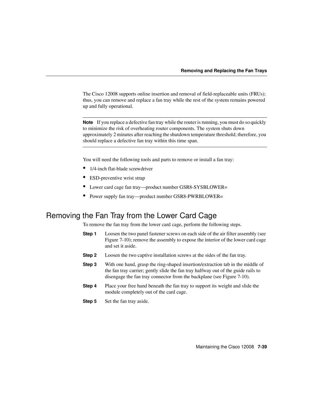 Cisco Systems Cisco 12008 manual Removing the Fan Tray from the Lower Card Cage 