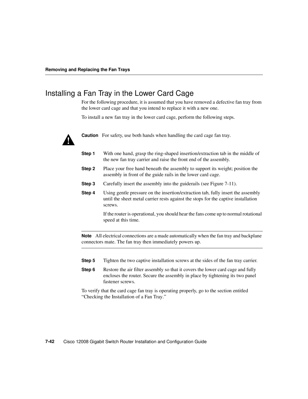 Cisco Systems Cisco 12008 manual Installing a Fan Tray in the Lower Card Cage 