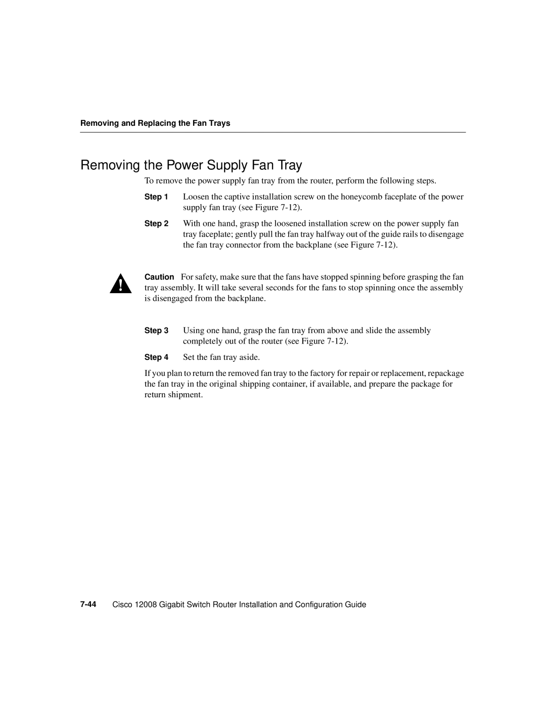 Cisco Systems Cisco 12008 manual Removing the Power Supply Fan Tray 