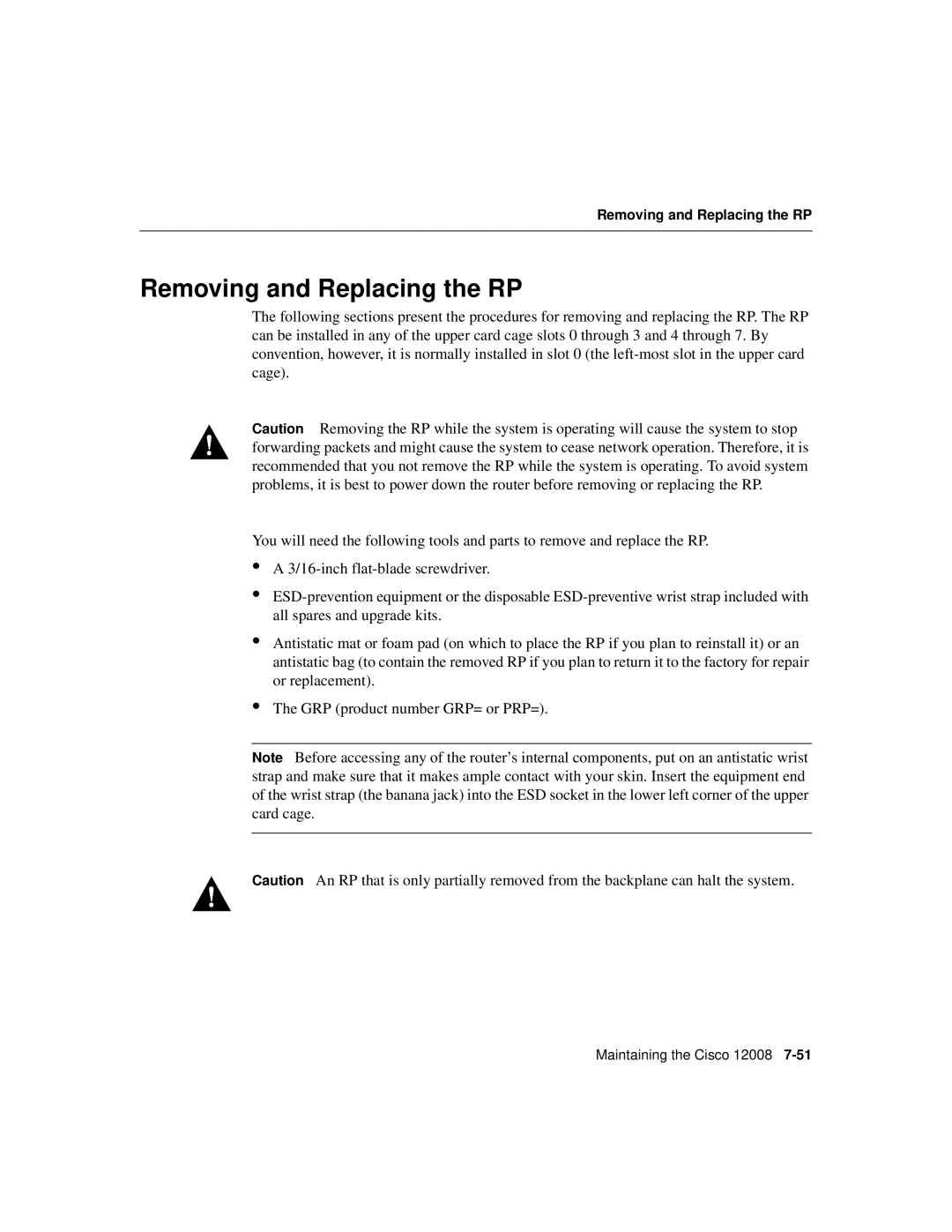 Cisco Systems Cisco 12008 manual Removing and Replacing the RP 