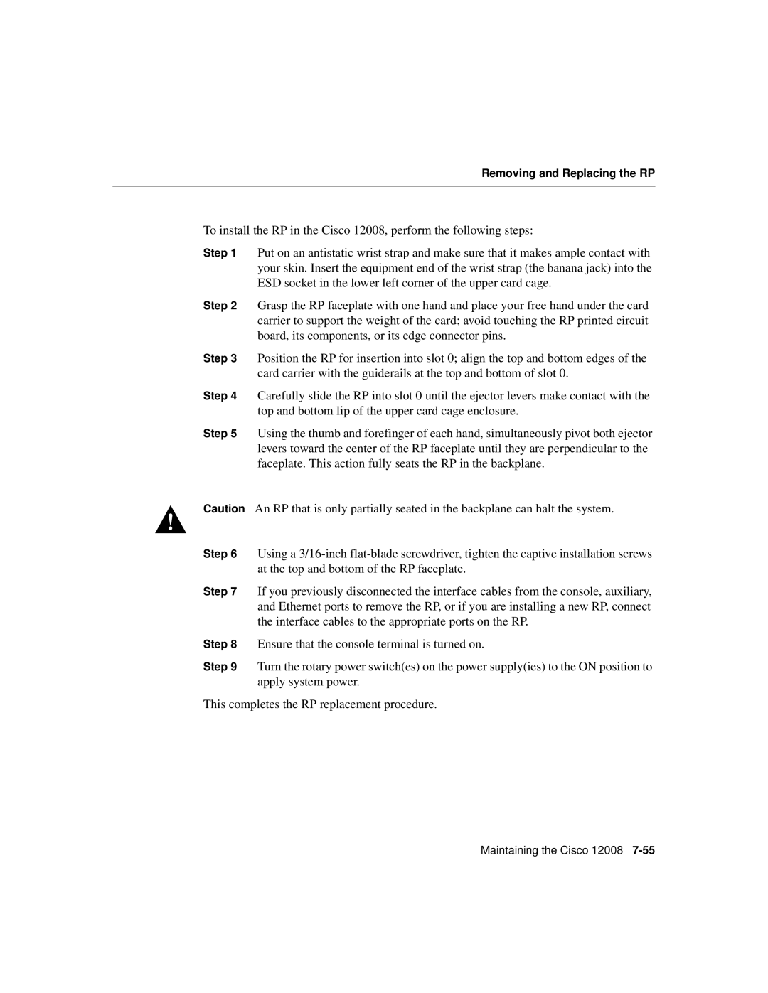 Cisco Systems Cisco 12008 manual Removing and Replacing the RP 