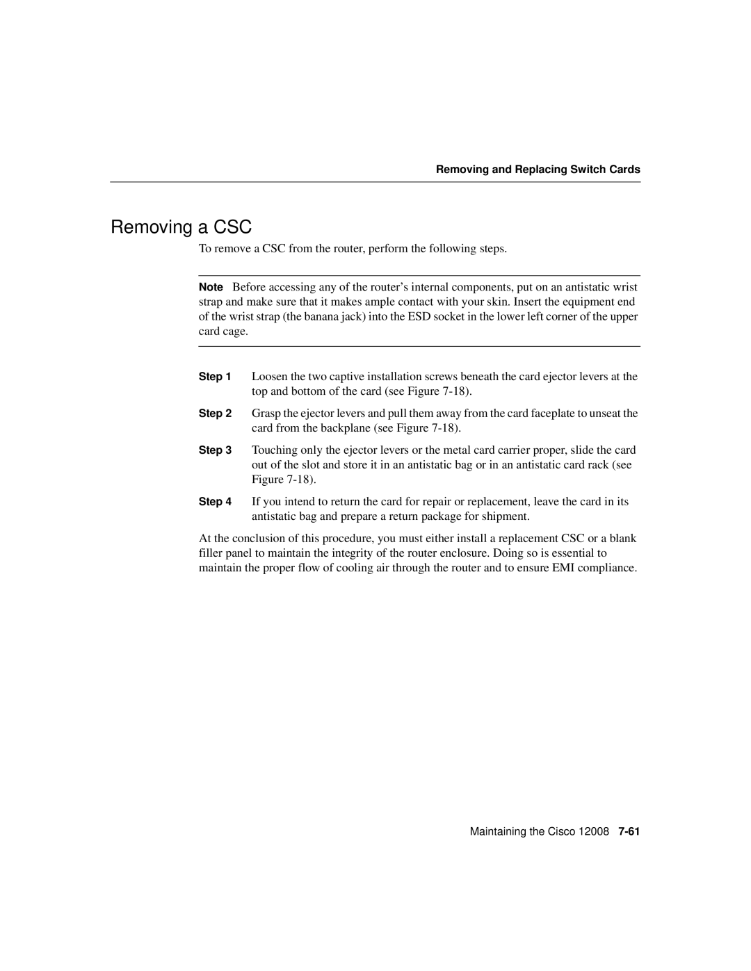 Cisco Systems Cisco 12008 manual Removing a CSC 