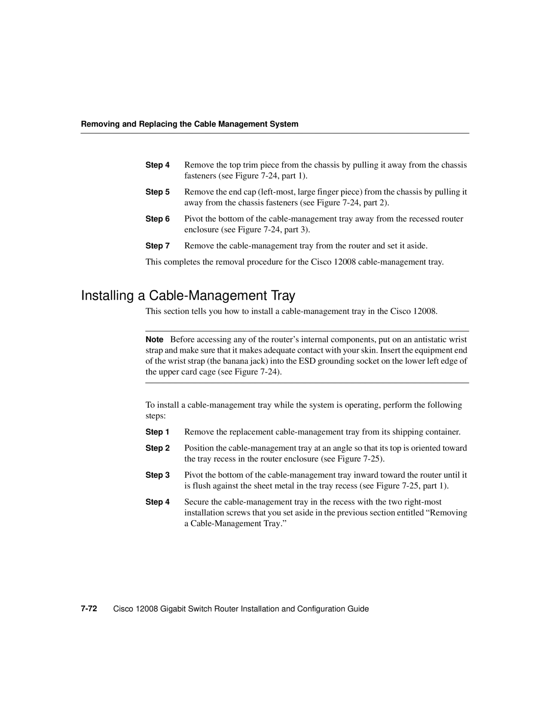 Cisco Systems Cisco 12008 manual Installing a Cable-Management Tray 