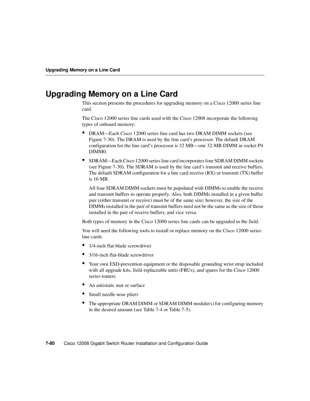 Cisco Systems Cisco 12008 manual Upgrading Memory on a Line Card 