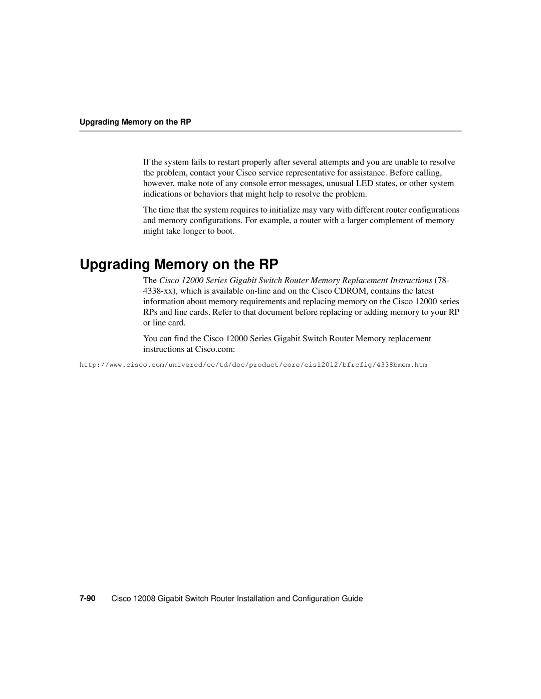 Cisco Systems Cisco 12008 manual Upgrading Memory on the RP 