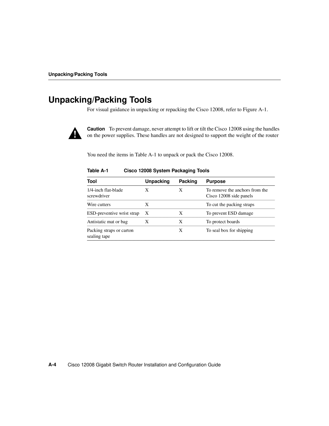 Cisco Systems Cisco 12008 manual Unpacking/Packing Tools 