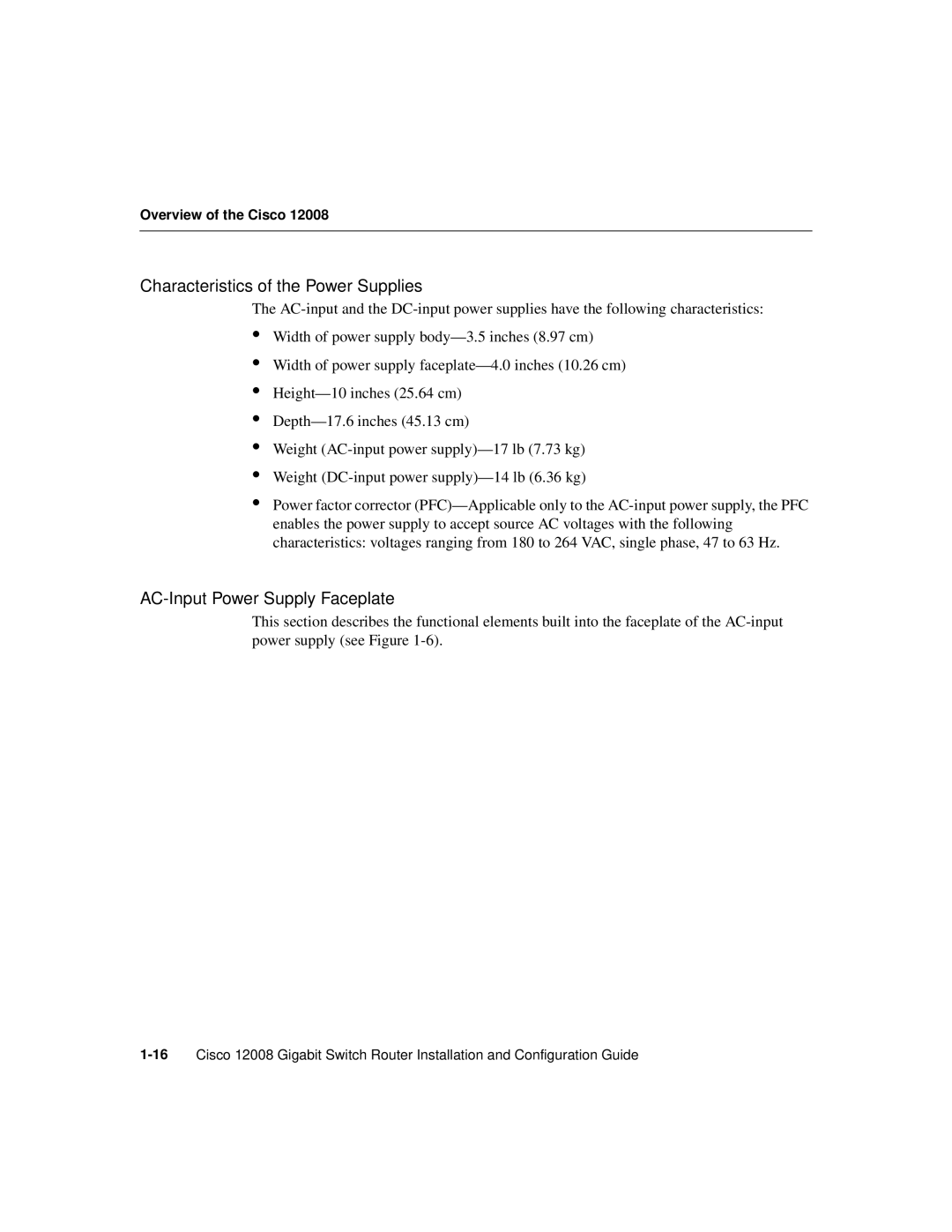 Cisco Systems Cisco 12008 manual Characteristics of the Power Supplies, AC-Input Power Supply Faceplate 