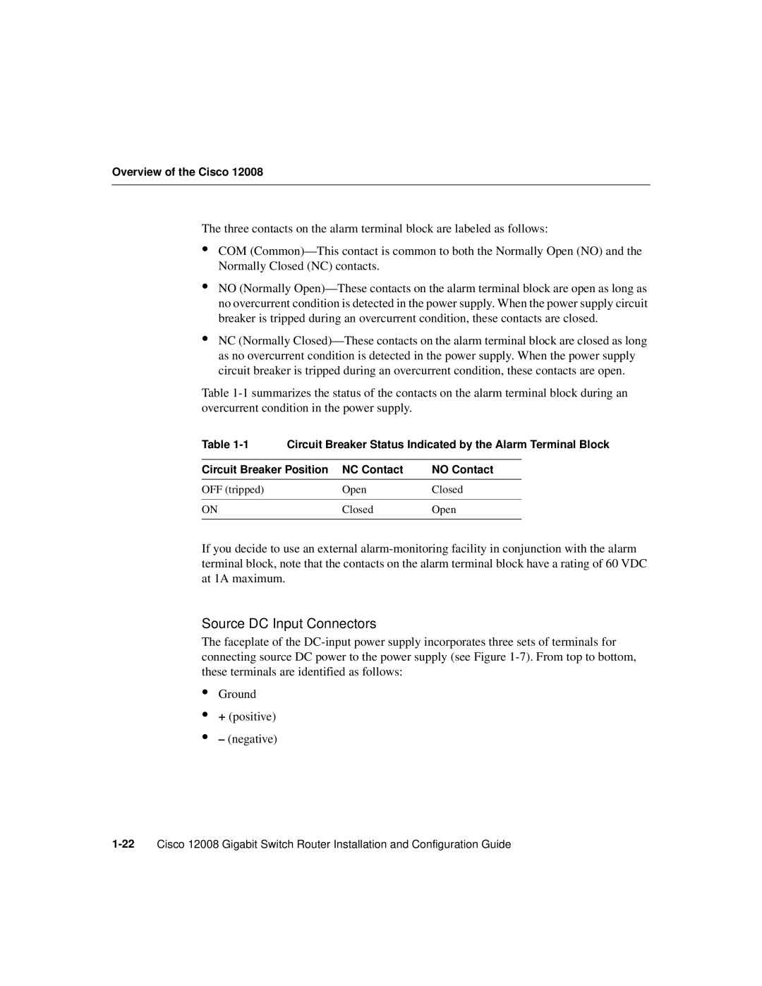 Cisco Systems Cisco 12008 manual Source DC Input Connectors, Circuit Breaker Position NC Contact No Contact 