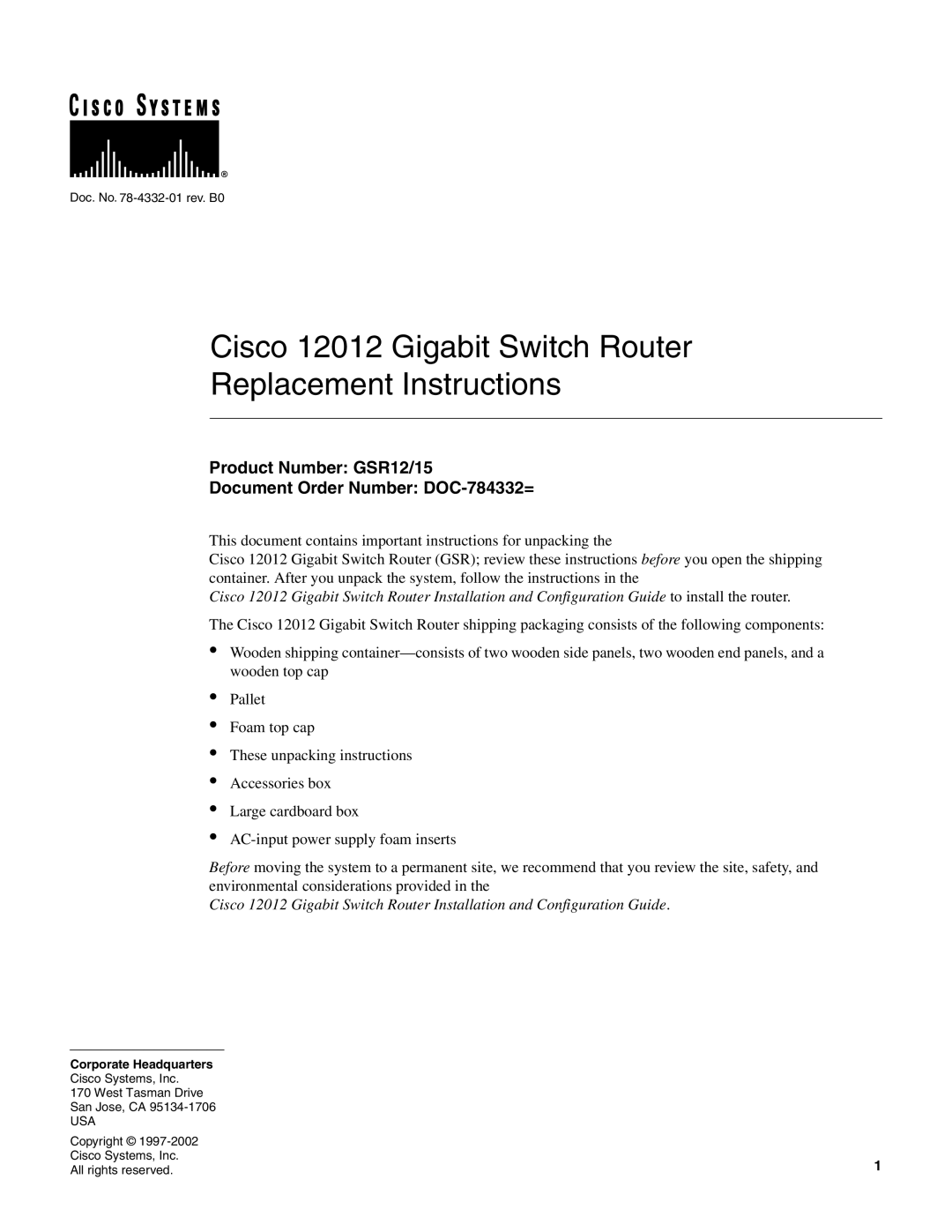 Cisco Systems manual Cisco 12012 Gigabit Switch Router Replacement Instructions 