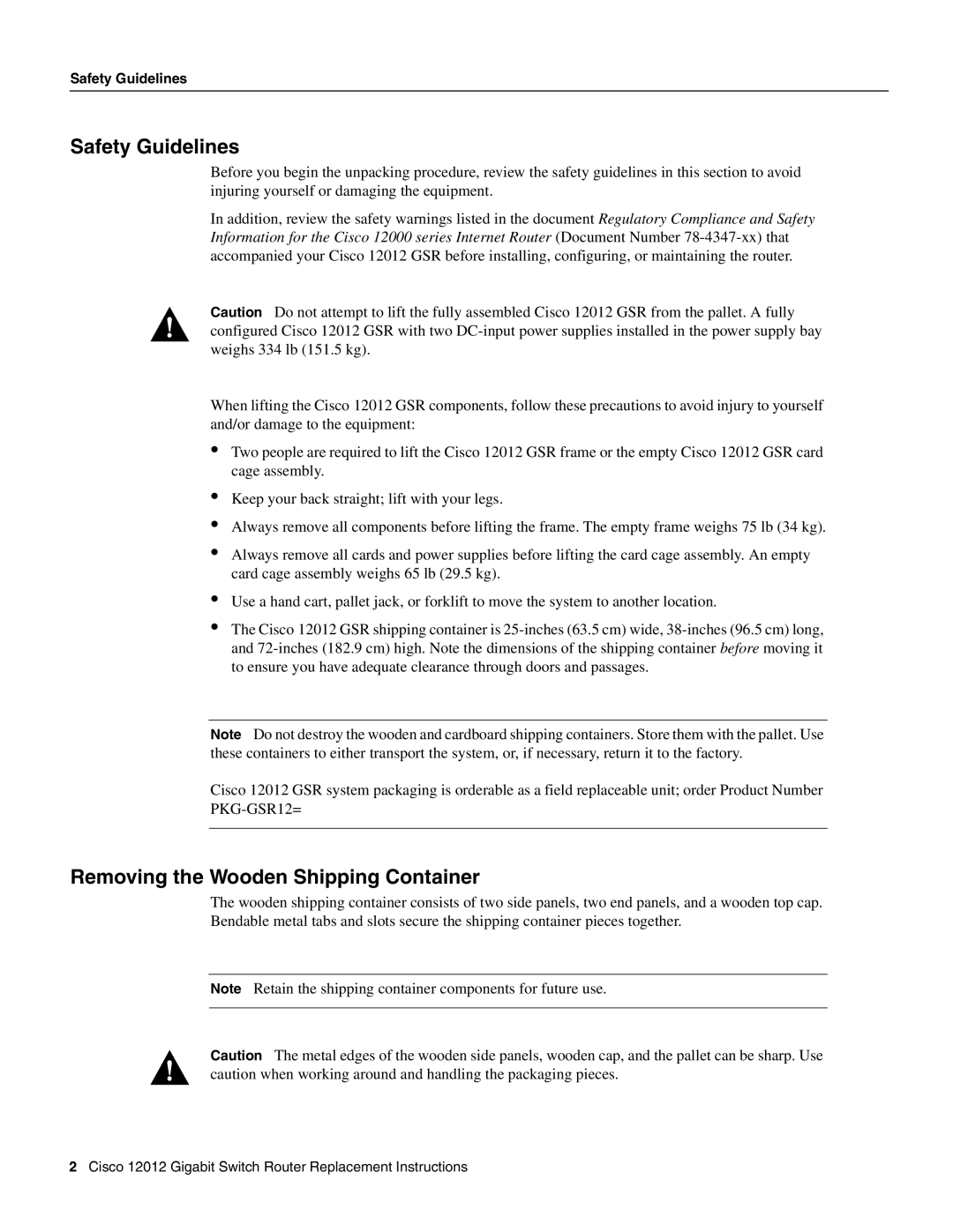 Cisco Systems Cisco 12012 manual Safety Guidelines, Removing the Wooden Shipping Container 