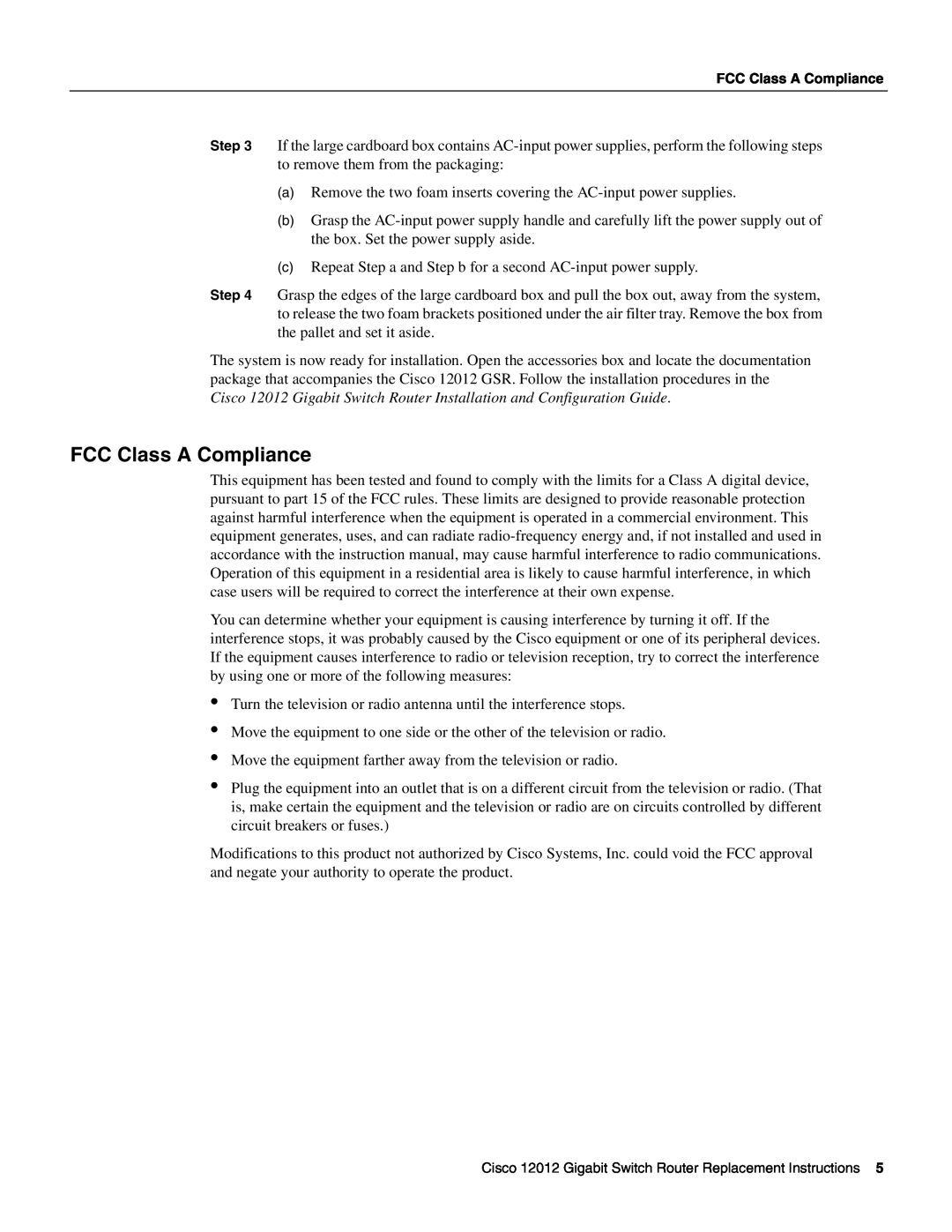 Cisco Systems Cisco 12012 manual FCC Class A Compliance 