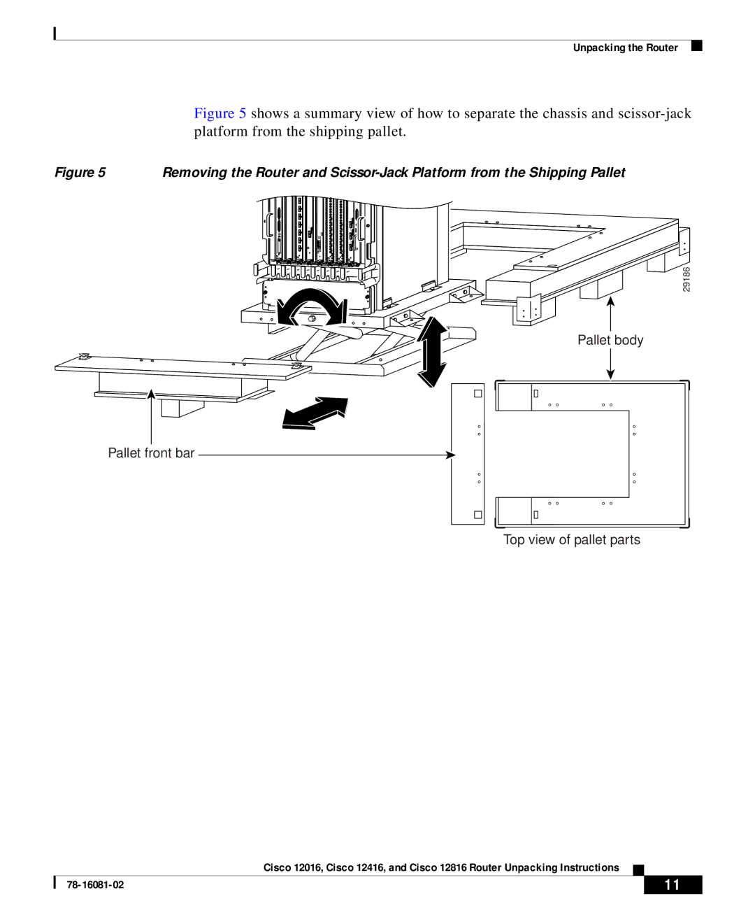 Cisco Systems Cisco 12016 manual Pallet body Pallet front bar Top view of pallet parts 