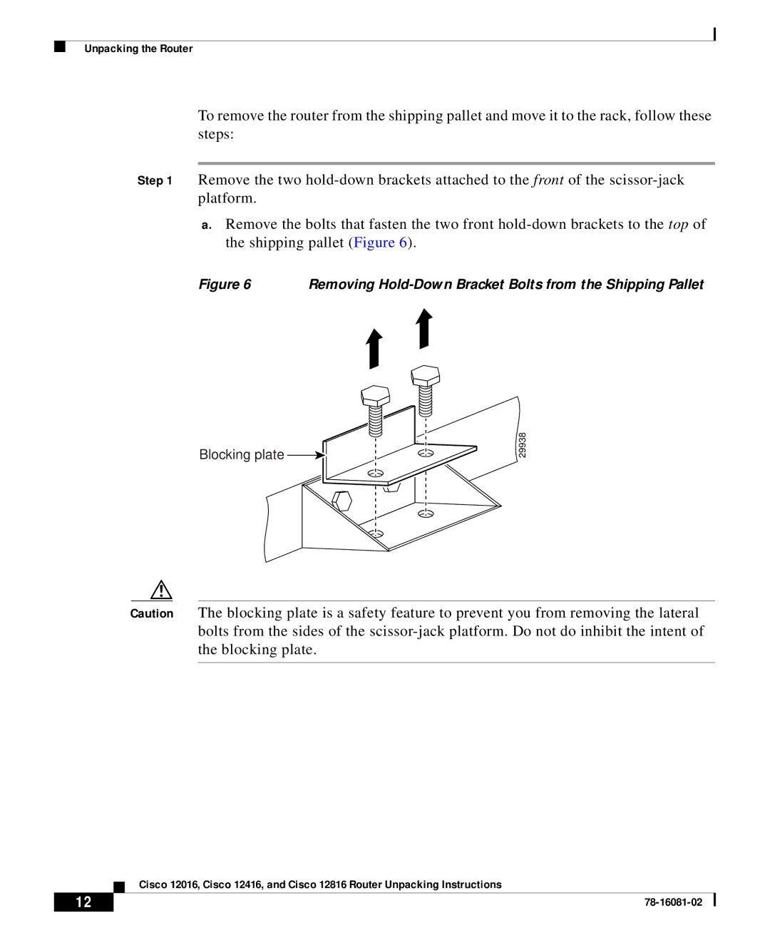 Cisco Systems Cisco 12016 manual Removing Hold-Down Bracket Bolts from the Shipping Pallet 